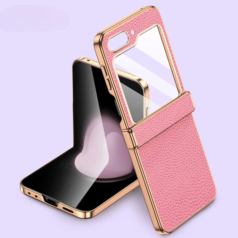 Bonded Leather Tempered Glass Samsung Z Flip Case-Exoticase-Pink-Samsung Flip 6-Exoticase
