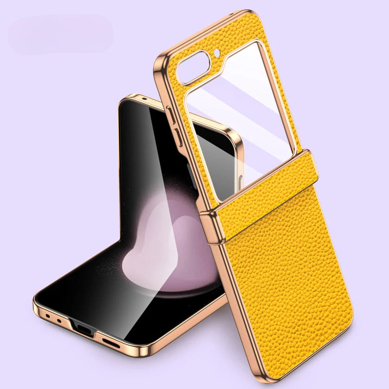 Bonded Leather Tempered Glass Samsung Z Flip Case-Exoticase-Yellow-Samsung Flip 6-Exoticase