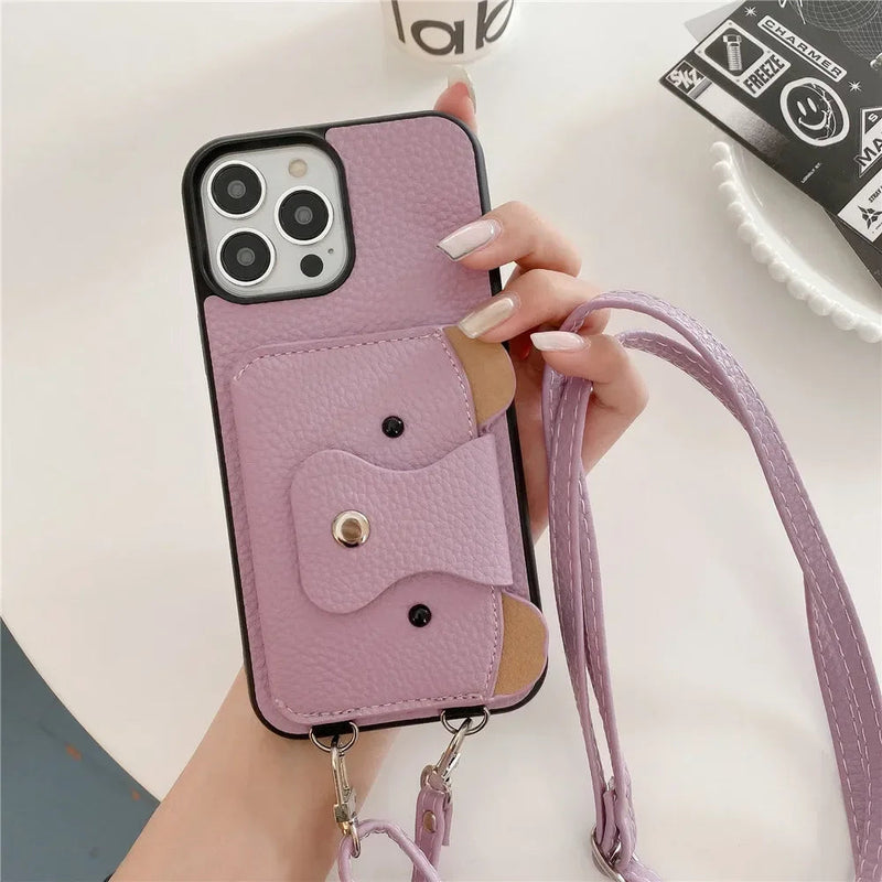 Cute Bear Leather Wallet iPhone Case-Exoticase-Purple-For iPhone 16 Pro Max-Exoticase