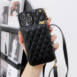 Diamond Lattice Zipper Leather Purse iPhone Case-Exoticase-For iPhone 15 Pro Max-Black-