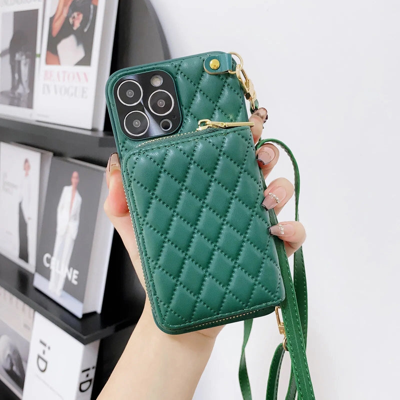 Diamond Lattice Zipper Leather Purse iPhone Case-Exoticase-For iPhone 15 Pro Max-Green-