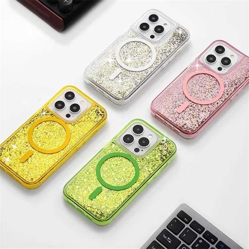 Neon Liquid Quicksand Glitter MagSafe iPhone Case-Exoticase-