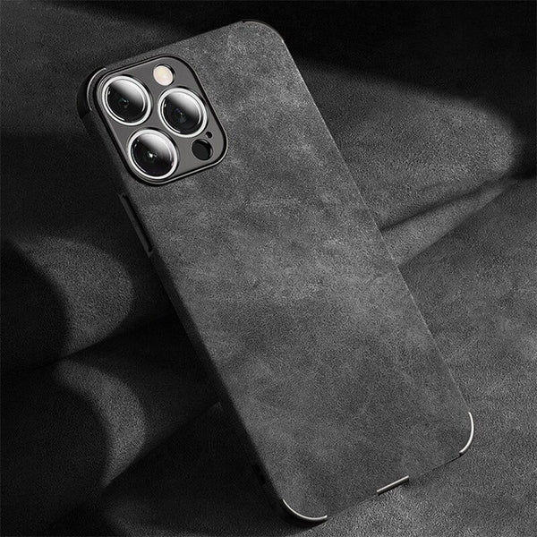 Suede Leather Apple iPhone Case-iPhone Leather Suede Case-Exoticase-For iPhone 15 Pro Max-Black-