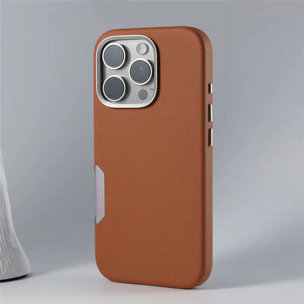 Synthetic Leather Metal Buttons Camera iPhone Case-Exoticase-For iPhone 16 Pro Max-Brown-Exoticase