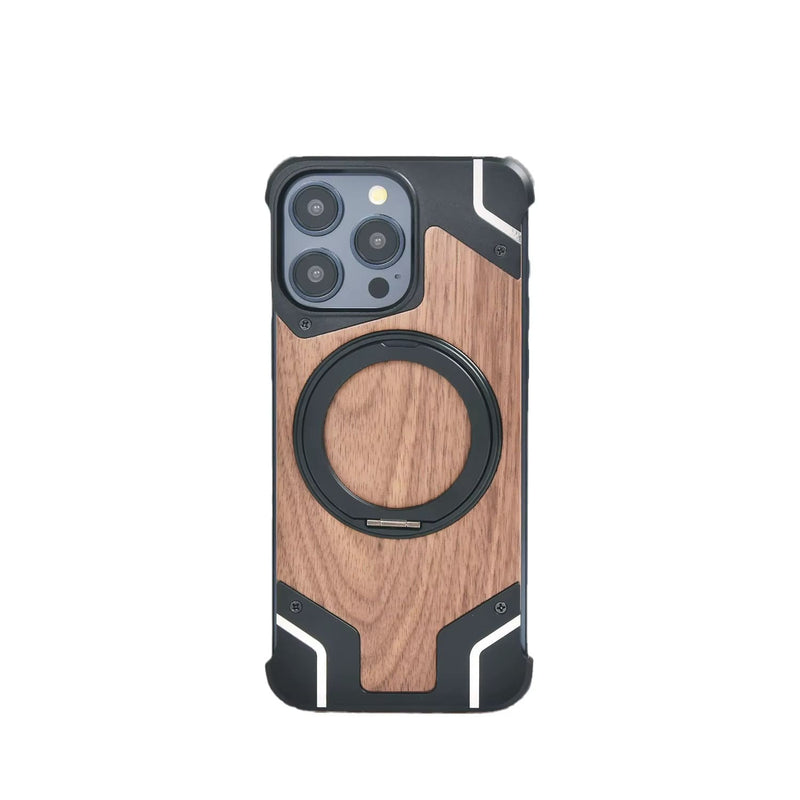 Walnut Wood & Metal Melange Rimless iPhone Case-Exoticase-For iPhone 16 Pro Max-Black-Exoticase