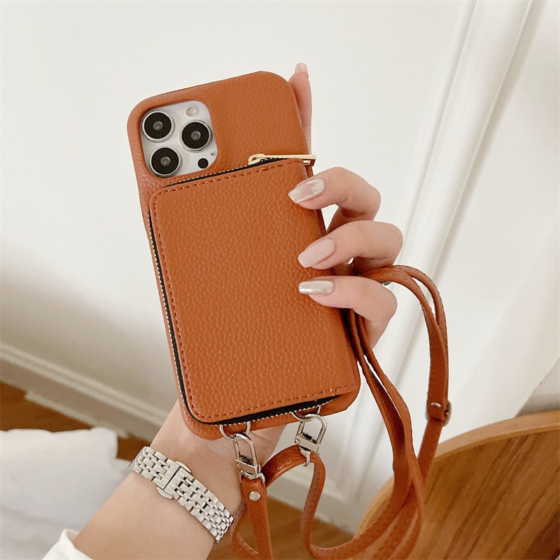 Zipper Wallet Crossbody Strap Apple iPhone Case-Exoticase-For iPhone 15 Pro Max-Auburn-