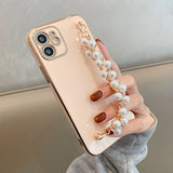 Electroplated iPhone Case with Pearl Chain-Exoticase-For iPhone 13 Pro Max-Pink-